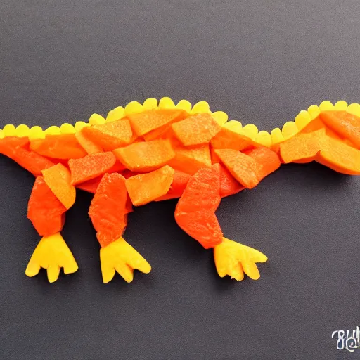 Prompt: a dinosaur made with tangerine segments