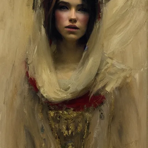 Image similar to Richard Schmid and Jeremy Lipking portrait painting of a young beautiful woman priestess in elaborate costume