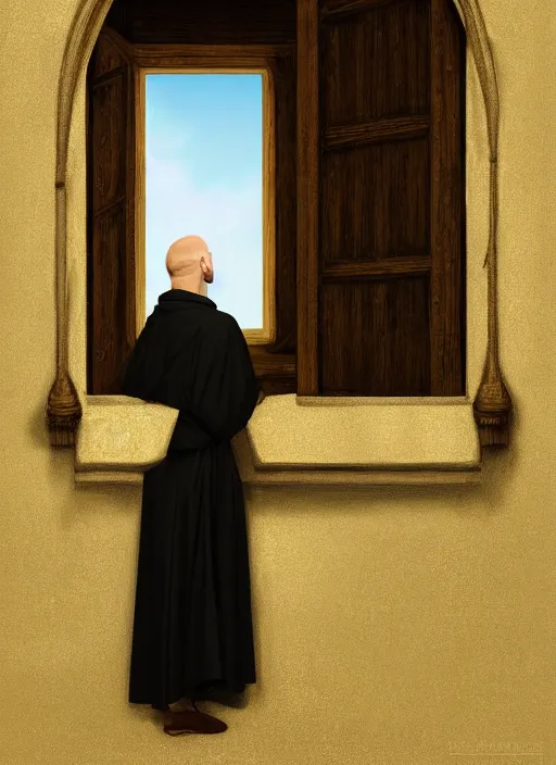 Image similar to oil painting of a medieval dominican monk in robes, looking out of a monastery window contemplatively, digital art, artstation, cinematic, golden hour, digital art painting by greg rutkowski