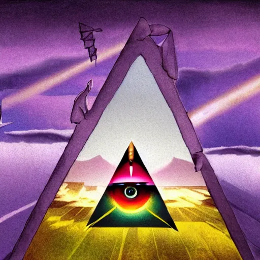 Image similar to concept art of a movie about illuminati, purple mountains in the background and all - seeing eye in the foreground, professional drawing, highly detailed, award winning digital art