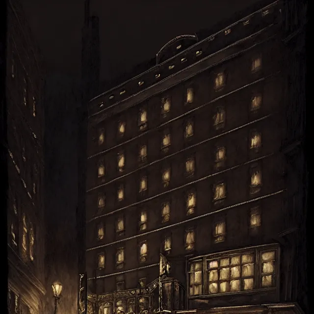 Prompt: haunted gothic hotel, boston 1 9 2 5 overlooking a dark street, photorealistic, dark, atmospheric lighting, painted, intricate, ultra detailed by leesha hannigan, thierry doizon, kai carpenter, well composed, best on artstation, cgsociety, epic, stunning, gorgeous, intricate detail, wow, masterpiece