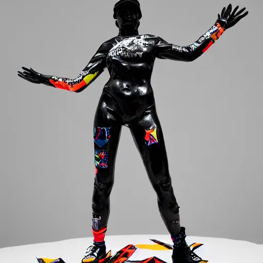 Prompt: hyperdetailed masterpiece glossy black marble statue of a woman covered in colorful motocross branding, in the style of virgil abloh, offwhite, acronym, denoise, vogue, brooklyn museum, highly detailed, realistic, hyperreal, 8 k, 4 k, render, ue 5, 0 3 2 c