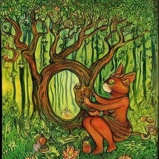 Image similar to a green genie ready to grant wishes deep in the forest, fantasy illustration, Louis wain