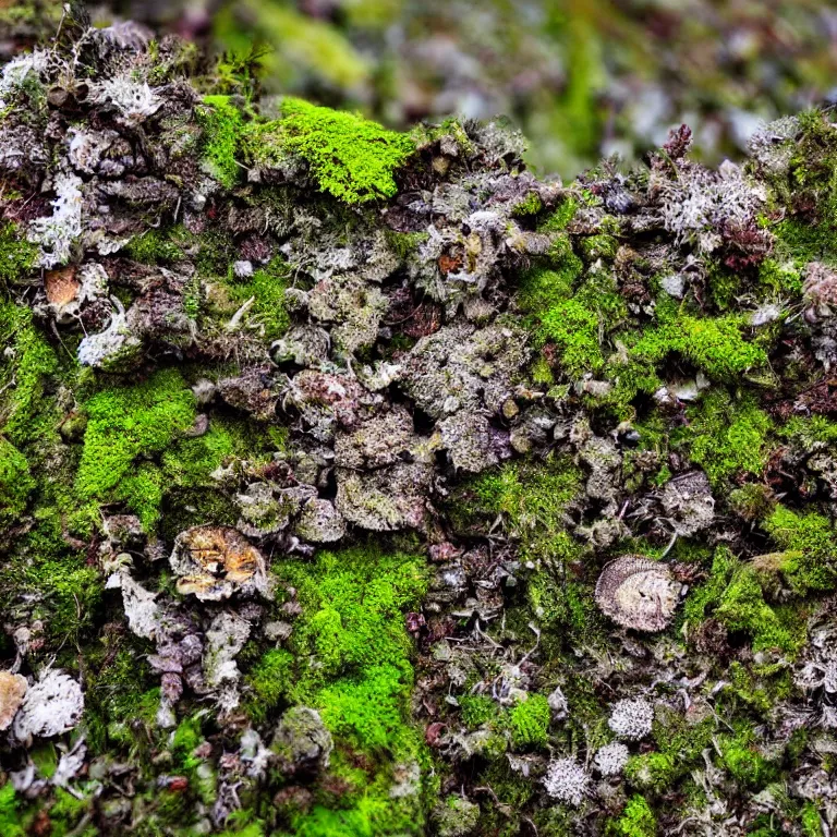 Image similar to a lichens and moss close-up various fungus, mushrooms and plants, inside the picture is infinity, Atmospheric phenomenon, artistic photography, muted colors, conceptual, long exposure outside the city, volumetric light