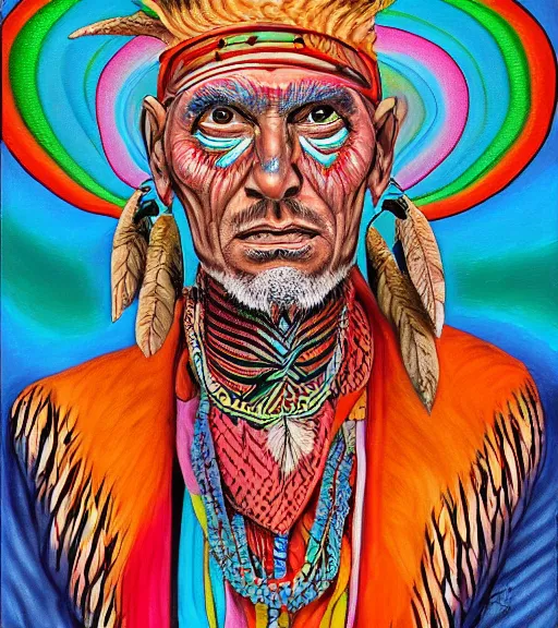 Prompt: Portrait painting in a style of Alex Grey of an old shaman dressed in a colorful traditional clothes. Psychodelic