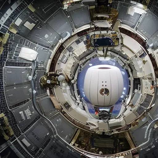 Image similar to A beautiful land art of a spacecraft or space station in Earth's orbit. The space station has a large, central cylindrical section with several smaller attached modules. There are numerous antennae, dishes, and other communications equipment on the station, as well as a few large windows. There appear to be several people inside the station, working at various consoles and terminals. pearlescent by Ernst Ludwig Kirchner soft