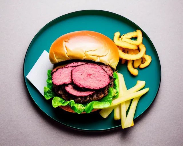 Prompt: 8 5 mm food photography of a rare brain burger with brain on the side at a restaurant. highly detailed 8 k. intricate. lifelike. soft diffused light. nikon d 8 5 0.