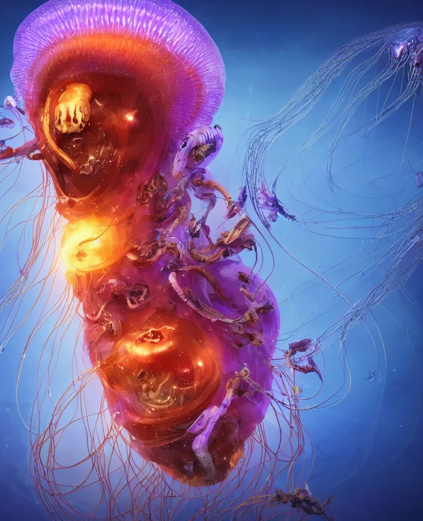 Image similar to close-up portrait of the face of a beautiful princess in a twisted flowers jellyfish mask in a spaceman suit surrounded by energy flow, epic angle and pose, symmetrical artwork, 3d with depth of field, blurred background, floating jellyfish skull phoenix bird, translucent, nautilus, energy flows of water and fire. a highly detailed epic cinematic concept art CG render. made in Maya, Blender and Photoshop, octane render, excellent composition, cinematic dystopian brutalist atmosphere, dynamic dramatic cinematic lighting, aesthetic, very inspirational, arthouse. y Greg Rutkowski, Ilya Kuvshinov, WLOP, Stanley Artgerm Lau, Ruan Jia and Fenghua Zhong