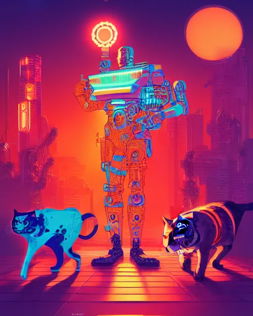 Prompt: cyborg detective and four fat cats, retrowave orange and turquoise, synthwave intricate detailed, photobash concept art