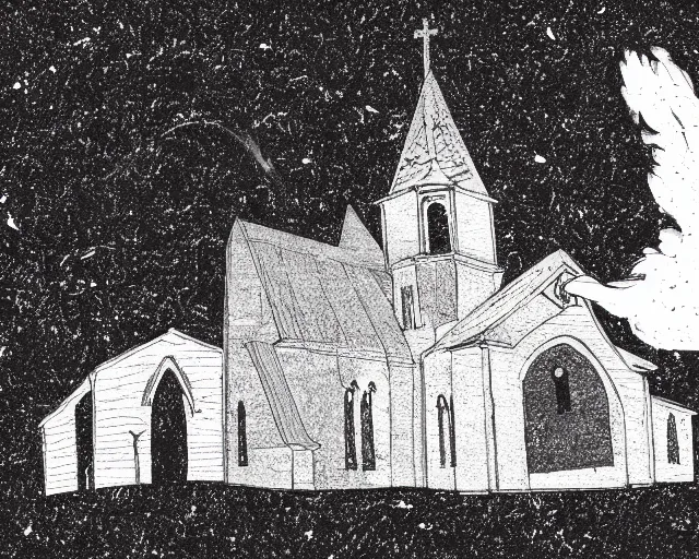 Prompt: An illustration showing an old church in the middle of nowhere, and ghost like stuff flying around it with a dark background behind it and smoke pouring out