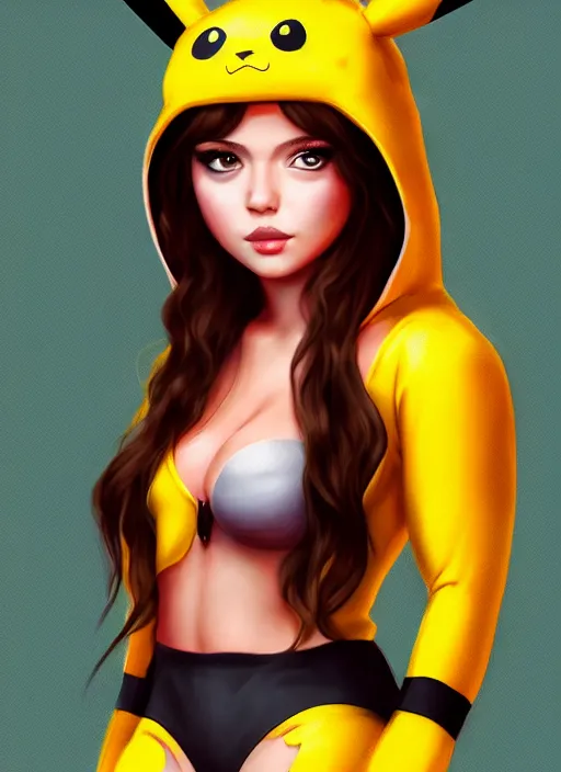 Image similar to a portrait of a hot girl in pikachu costume, grim - lighting, high - contrast, intricate, elegant, highly detailed, digital painting, artstation, concept art, smooth, sharp focus, illustration