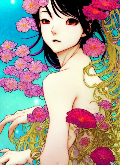 Image similar to exquisite imaginative manga portrait art of vampries girl, flowers, pearlescent, shimmering, reflective, rim light, clear face, detailed background, by kojima ayami, shigenori soejima, minaba hideo, alphonse mucha, art nouveau, illustration, pivix, concept art, highly detailed, colorful, maximalist