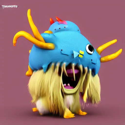 Image similar to A stuffy little cute monster with long hairs，by takashimurakami,TOMOKAZU MATSUYAMA，featured on artstation，blender rendered