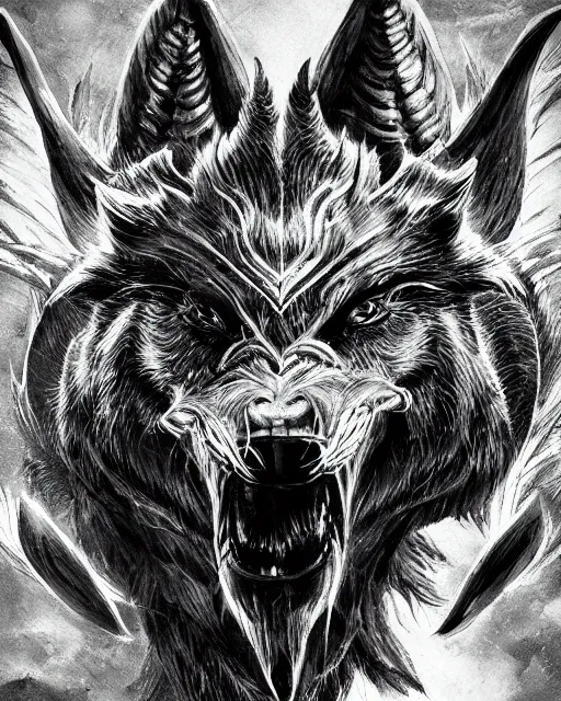 Image similar to A minotaur wolf, black and white, epic, highly detailed face, close-up, fantasy art, dragon art, in the style of masami kurumada, illustration, epic, fantasy, intricate, hyper detailed, artstation, concept art, smooth, sharp focus, ray tracing