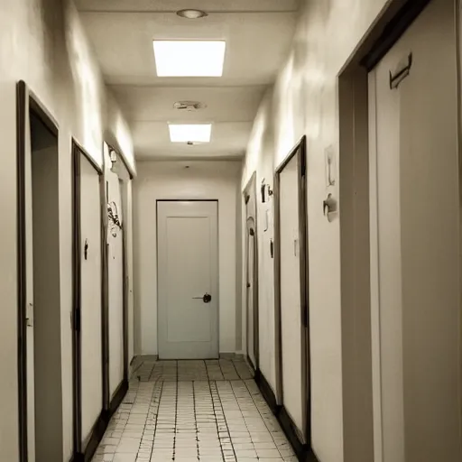 Image similar to infinite bathroom hallway, horror movie