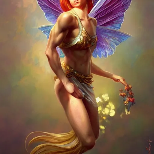 Prompt: beautiful natural fairy small winged redhead martial artist karate fey fae muscular body shortsword greek statue portrait, vivid colors, intricate, elegant, highly detailed, digital painting, artstation, concept art, smooth, sharp focus, illustration, art by artgerm and greg rutkowski and alphonse mucha and loish and wlop