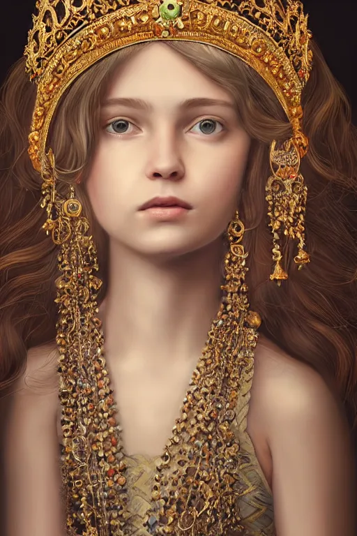 Image similar to beautiful very detailed portrait of a young princess with lots of jewelry in the face, full body, in the background there is a minimalistic palace, digital art , dramatic cinematic lighting rendered by octane, 8k, detailed, intricate, clean and textures, trending on artstation, treanding on deviantart, trending on cgsociety, pinterest, by Lauren Brevner + yasutomo oka