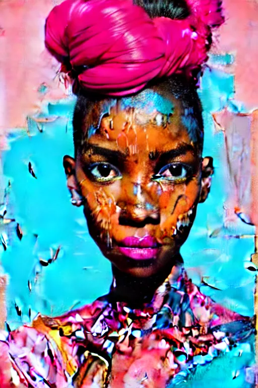 Prompt: portrait of a stylized african young lady, painted in acrylic, pigment textures, wet paint, in the colors hot pink and cyan, beautiful realistic face, rule of thirds, spotlight, by greg rutkowski, by jeremy mann, by francoise nielly, by van gogh, by ross tran, in focus