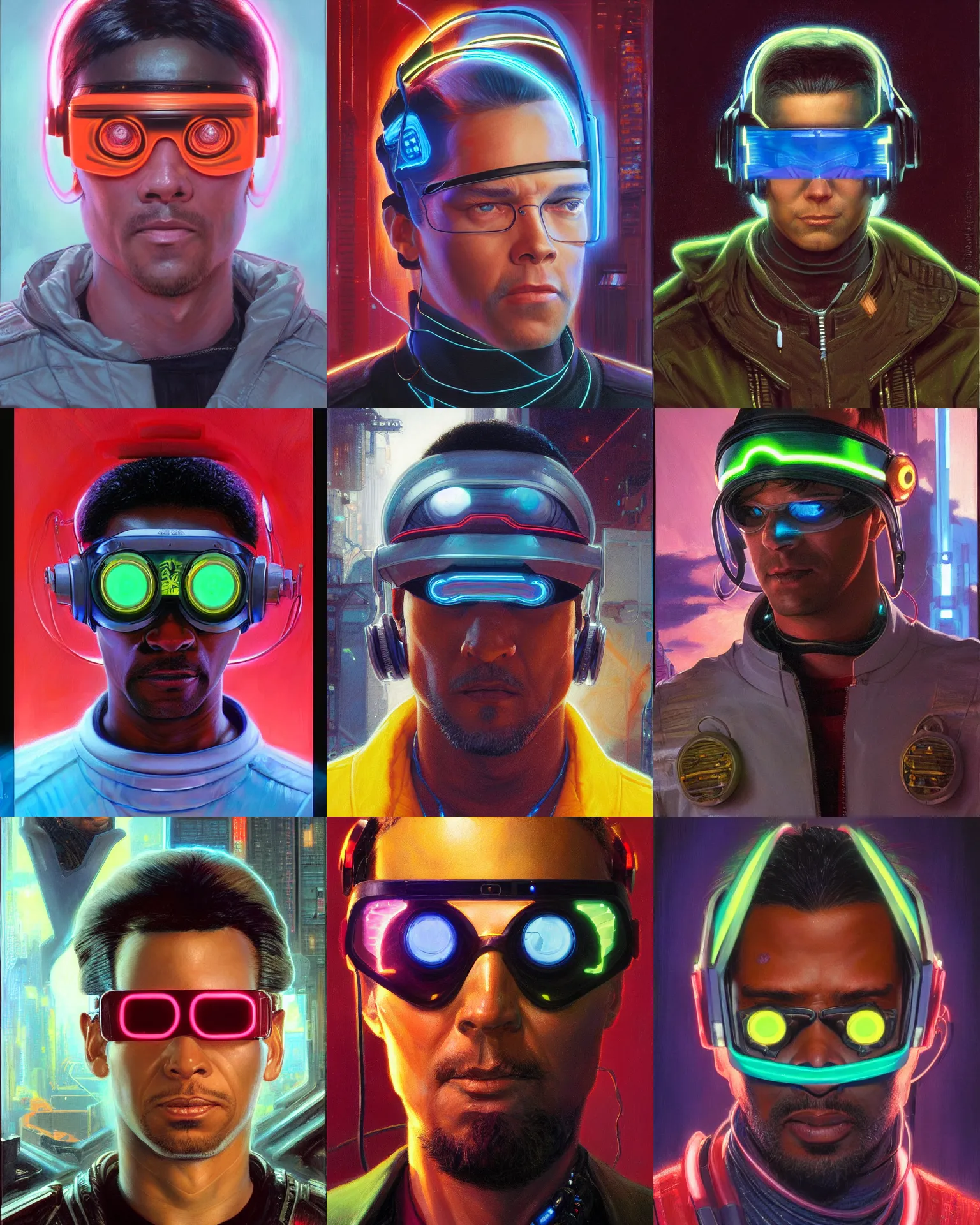 Prompt: digital neon cyberpunk male with geordi eye visor and headset headshot portrait painting by donato giancola, kilian eng, john berkley, hayao miyazaki, j. c. leyendecker, mead schaeffer