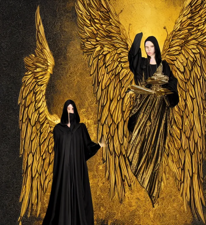 Image similar to full length picture of the angel of death wearing black robes with gold wings in an elaborate cathedral, high octane, 8k, ultra detailed, photorealistic