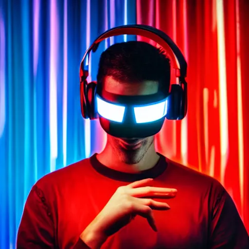 Prompt: a man, in red and blue spotlights, holds on to the headphones on his head, he wears dark visors, cyber songman, cyberpunk style portrait