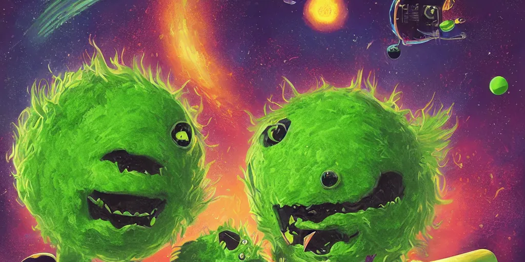 Image similar to a cinematic poster of green tennis ball monsters, in space, digital art, fantasy, magic, chalk, chalked, trending on artstation, ultra detailed, detailed, fine details, professional illustration by basil gogos