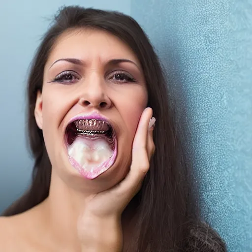 Image similar to closeup of woman with rotting teeth and blistered lips, newspaper ad for dentist