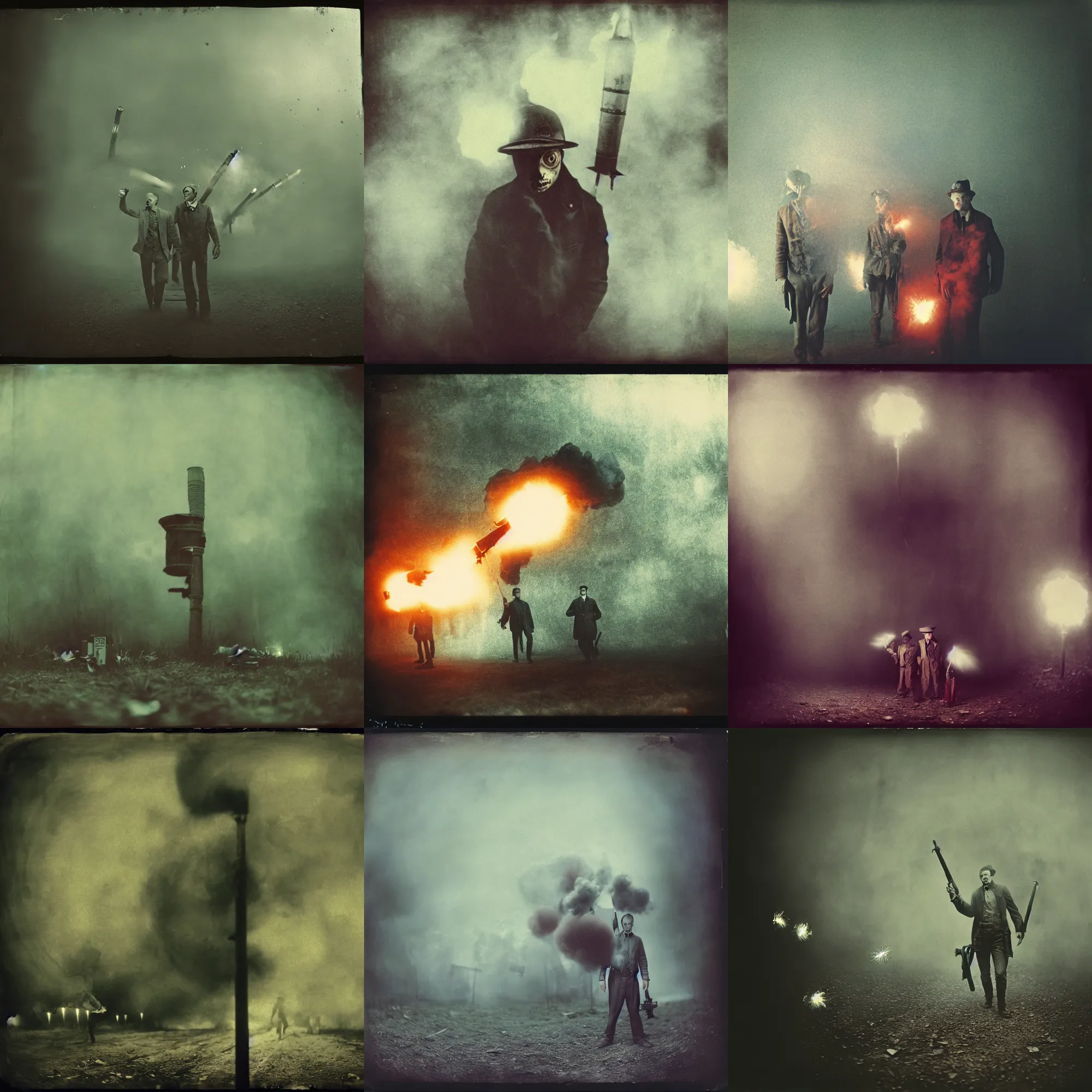 Prompt: kodak portra 4 0 0, wetplate, muted colours, the walking dead, 1 9 1 0 s style, motion blur, portrait photo of a backdrop, explosions, rockets, bombs, sparkling, fog, by georges melies and by britt marling