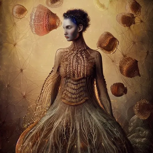 Prompt: brown woman wearing an armor made of luminous jellyfishes. super detailed. layered. textured. award winning. refracted lighting. soft. fragile. by ray caesar. by louise dahl - wolfe. by andrea kowch. by tom bagshaw. surreal photography