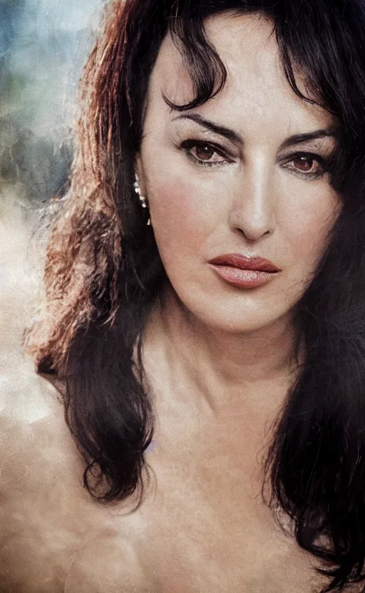 Prompt: portrait of monica bellucci , 3/4 view realistic, detailed, diffuse sunlight, soft lights, bokeh Paris in background