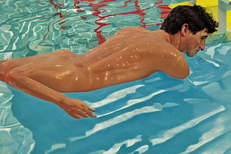 Prompt: justin trudeau in a swimming pool in a house in california, magazine centerfold, by david hockney, peter doig, lucien freud, francis bacon, pop realism, oil on canvas