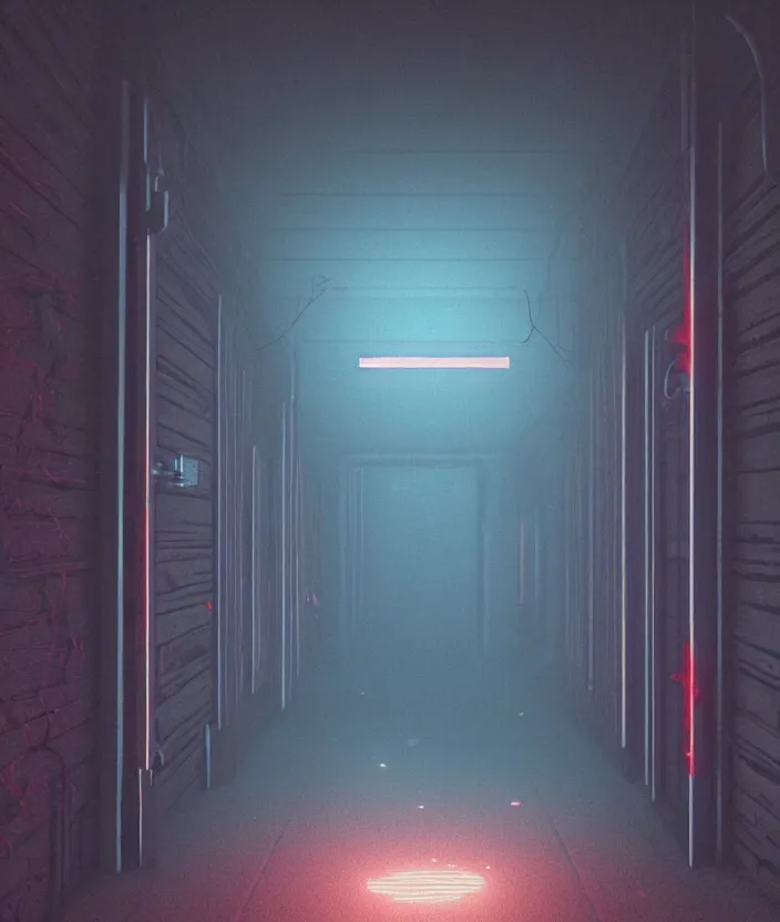 Image similar to a dark hallway, at the end there is a mysterious illuminated door with a neonsign in the style of simon stalenhag