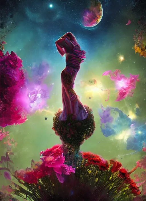 Image similar to An epic fantastic realism comic book style painting of the most beautiful entwined flowers launched across the dark galactic night sky, nebulous bouquets, fisheye lens, unreal 5, DAZ, hyperrealistic, octane render, dynamic lighting