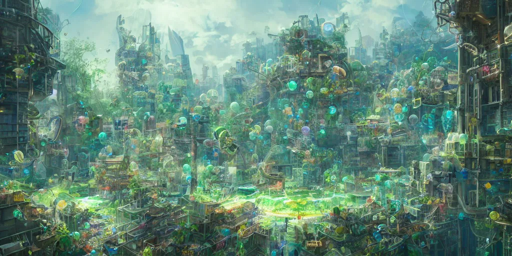 Image similar to a utopian city, filled with fauna, with bubbles floating around everywhere, building cover with plant, dynamic lighting, fantasy concept art, trending on art station, stunning visuals, creative, cinematic, ultra detailed