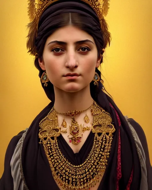 Image similar to photo of a gorgeous young yezidi woman wearing elaborate baroque jewelry and face tattoos in the style of stefan kostic, realistic, sharp focus, symmetric, 8k high definition, insanely detailed, intricate, elegant, art by stanley lau and artgerm, William-Adolphe Bouguereau