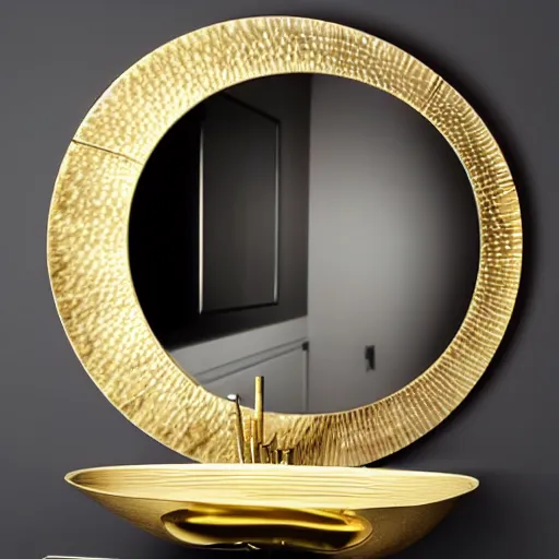 Prompt: gold sink designed by zaha hadid, atop a black onyx stand. Behind it is a gold sunburst mirror.