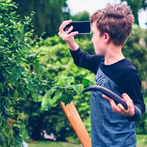 Prompt: person holding an iphone shooting a video of angry kid actors with a shovel, massive dead plants dead fish