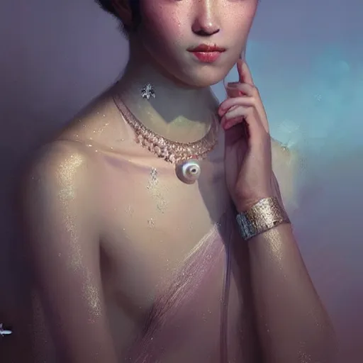 Image similar to a beautiful portrait of a pearl goddess with glittering skin by greg rutkowski and raymond swanland, trending on artstation, ultra realistic digital art