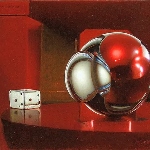 Prompt: chrome spheres on a red cube by alma tadema