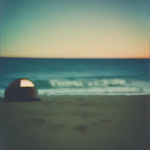 Image similar to “A wide shot of a UFO at the beach, dreamcore aesthetic, taken with a Pentax K1000, Expired Burned Film from 1930s, Softbox Lighting, 85mm Lens”