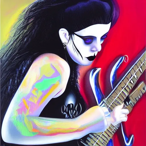 Image similar to Goth girl playing electric guitar by Mario Testino, oil painting by Guillermo Lorca