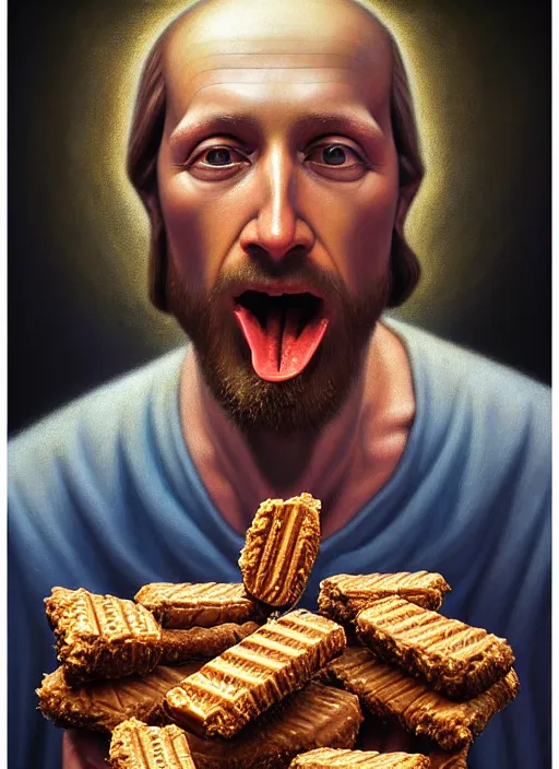 Image similar to hyper detailed 3d render like an Oil painting - Portrait of Jesus Christ eating a Snickers bar by Jacek Yerka, Mariusz Lewandowski, Houdini algorithmic generative render, Abstract brush strokes, Masterpiece, Edward Hopper and James Gilleard, Zdzislaw Beksinski, Mark Ryden, Wolfgang Lettl, hints of Yayoi Kasuma, octane render, 8k