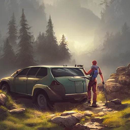 Image similar to hiker unloading the car before camping, by roman shipunov, cgsociety, fantasy art, 2 d game art