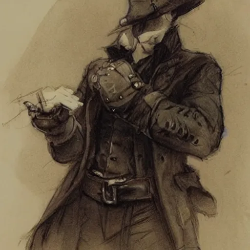 Image similar to sketch by Jean-Baptiste Monge !!!!!!!!!!!!!!!!!!!!!!!!!!!!!!!!!!!!! (((((((((((((portrait of boy dressed as steampunk detective wearing leather gloves . muted colors.)))))))))))))