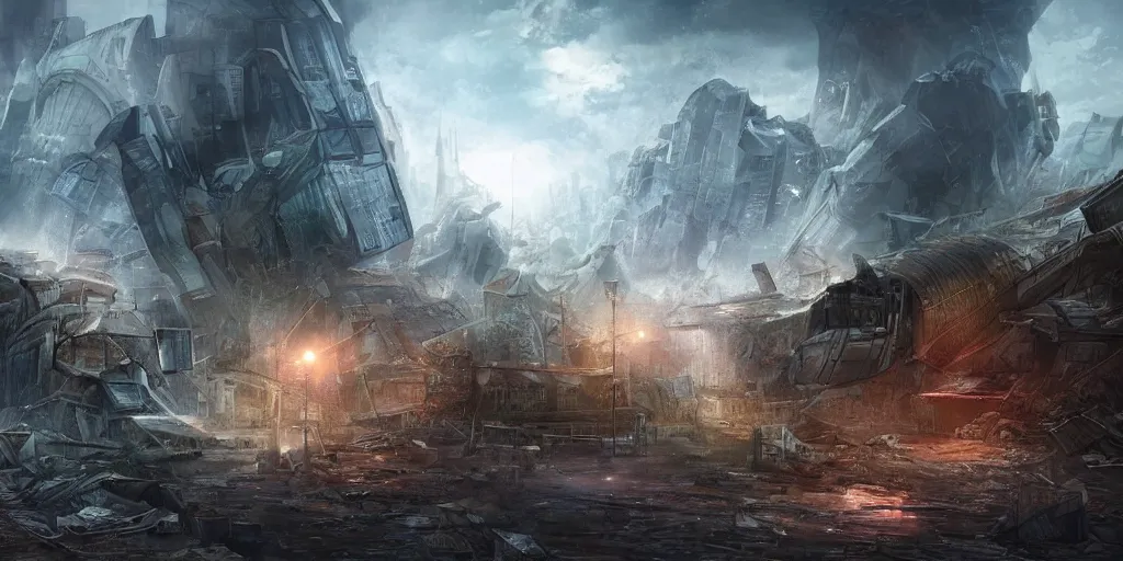 Image similar to damaged city, high - tech, concept art, forest, tornado, war, spaceship