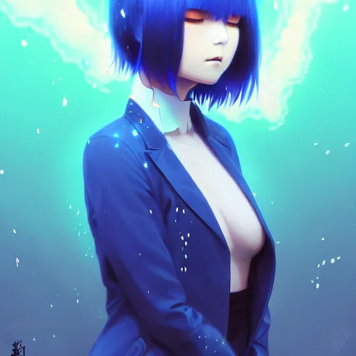 Image similar to blue slime swirling around rimuru tempest crying, enveloped in ghosts, sky blue straight hair, bangs, with amber eyes, black jacket, high collar, ultra fine detaile, dark theme, digital painting, psychedelic, cinematic, wlop, pixiv, ilya kuvshinov, ross tran