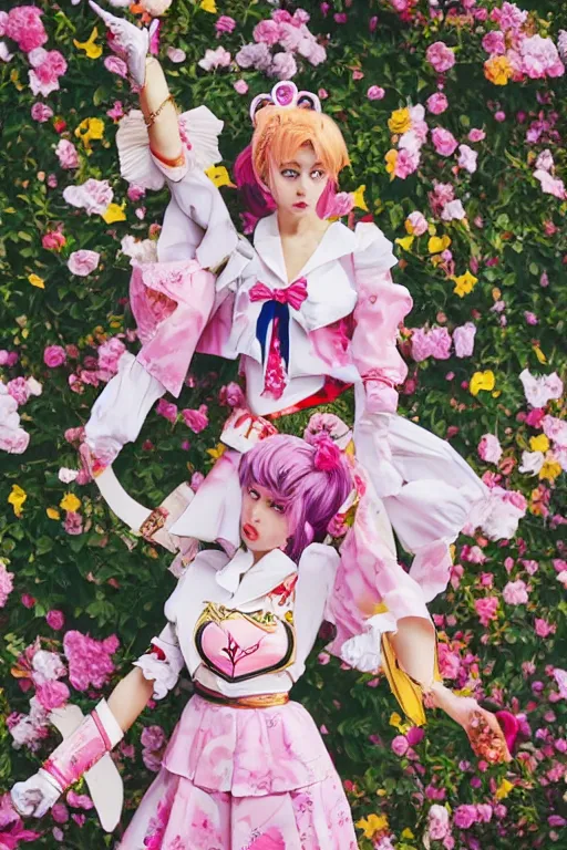 Prompt: sailor moon wearing floral valentino ss 2 0 1 5 cosplay, fashion photography