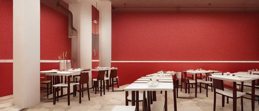 Image similar to a beautiful simple interior render of roasted string hotpot restaurant restaurant yan'an, wall corner, from china, red paper wall and white tile floor, rectangle white porcelain table, fine simple delicate structure, chinese style, simple composition, simple style structure decoration design, victo ngai, 4 k hd