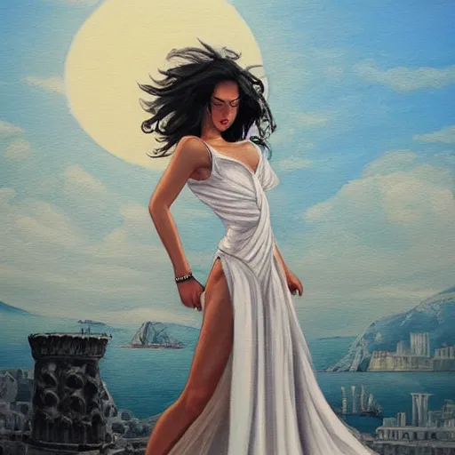 Image similar to Greek goddess posing for painter, sun light, trending on artstation, black hair, white coat, messy hair, palace in the background