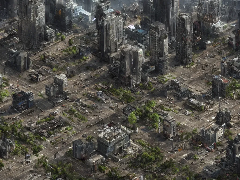 Prompt: hyperrealistic futuristic city inhabitated by zombies, there is a survival vibe in the air